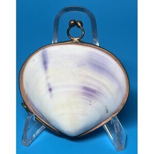 VTG GENUINE CLAM SEA SHELL Handmade Brass Hinged TRINKET Box COIN Purse PILL Box